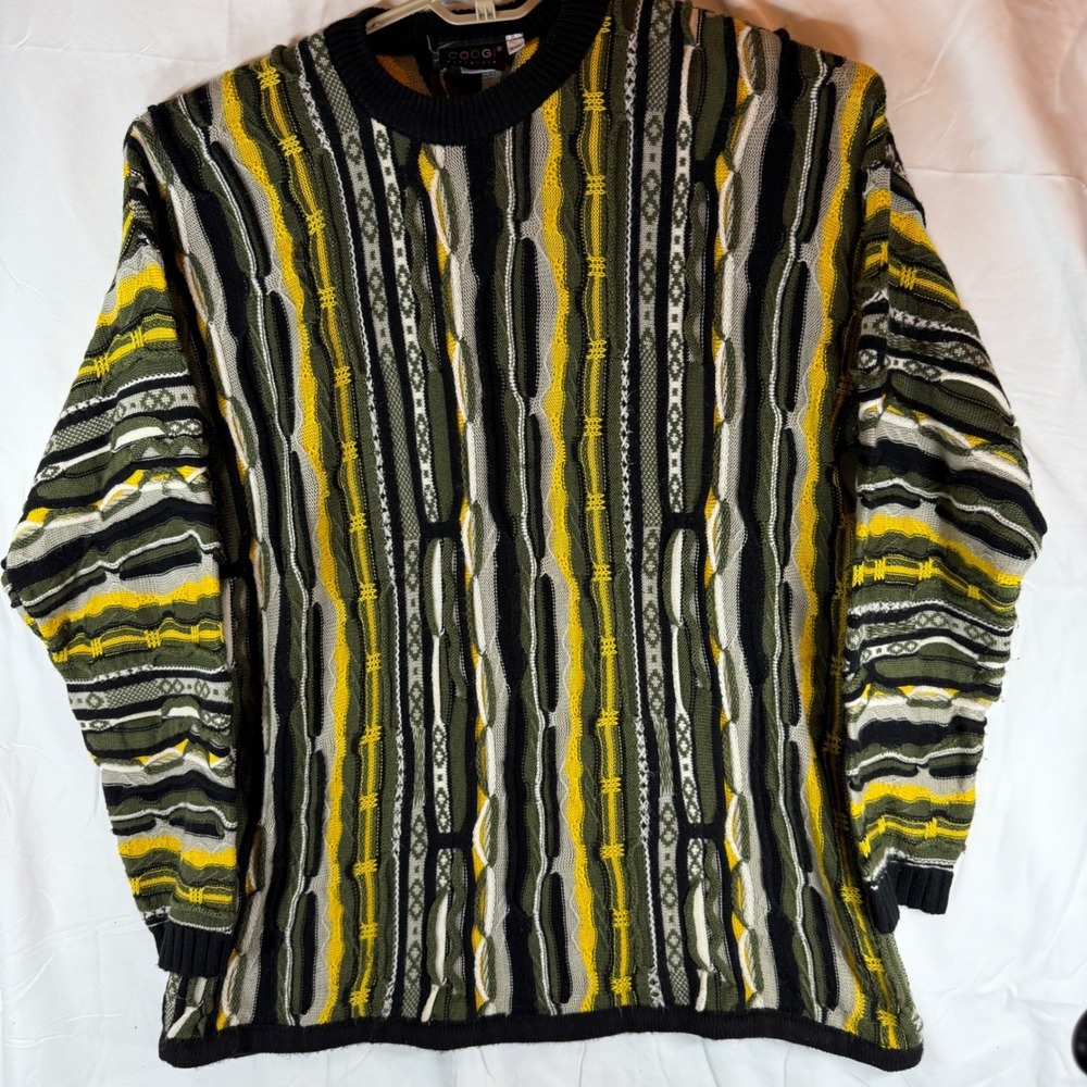 Coogi Australia Vintage 3D Knit Sweater XXL Green Yellow Black Vertical Stripe